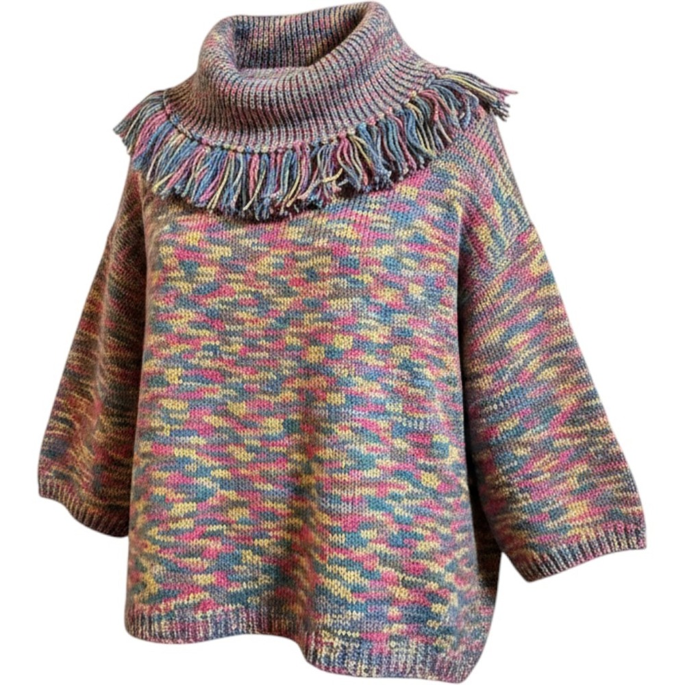 VTG 90s Lizwear Space Dye Multicolor Sweater Fringe Collar Knit Mock Neck L